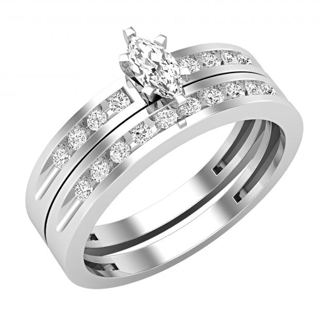 6X3mm Marquise & Round White Diamond Wedding Ring Set for Women (0.49 ctw, Color I-J, Clarity I2-I3) in 925 Sterling Silver