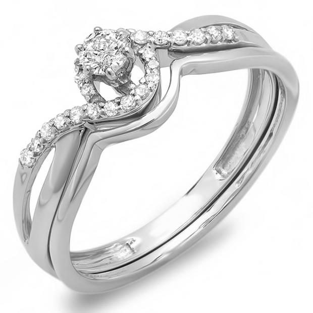0.25 Carat (ctw) 10k White Gold Round Diamond Ladies Swirl Crossover Bridal Engagement Ring Matching Band Set 1/4 CT