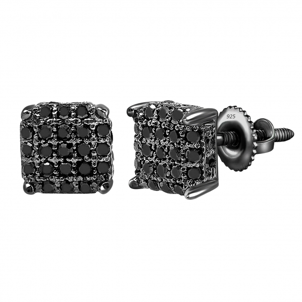 Round Black Diamond Dice Shaped Unisex Stud Earrings (0.33 ctw, Color Black, Clarity Opaque) in Black Plated 925 Sterling Silver in Screw Back