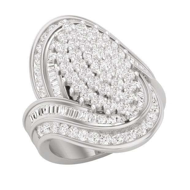 Baguette & Round White Diamond Composite Marquise Multi-Row bypass Frame Cocktail Ring for Her (1.98 ctw, Color I-J, Clarity I2-I3) in 925 Sterling Silver