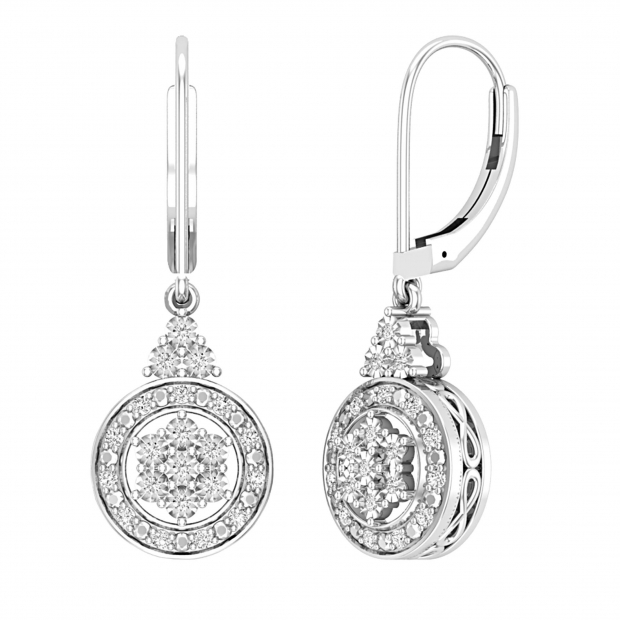 Round White Diamond Beaded Illusion Set Flower Cluster Dangle Lever Back Earrings for Women (0.29 ctw, Color I-J, Clarity I2-I3) in 10K White Gold