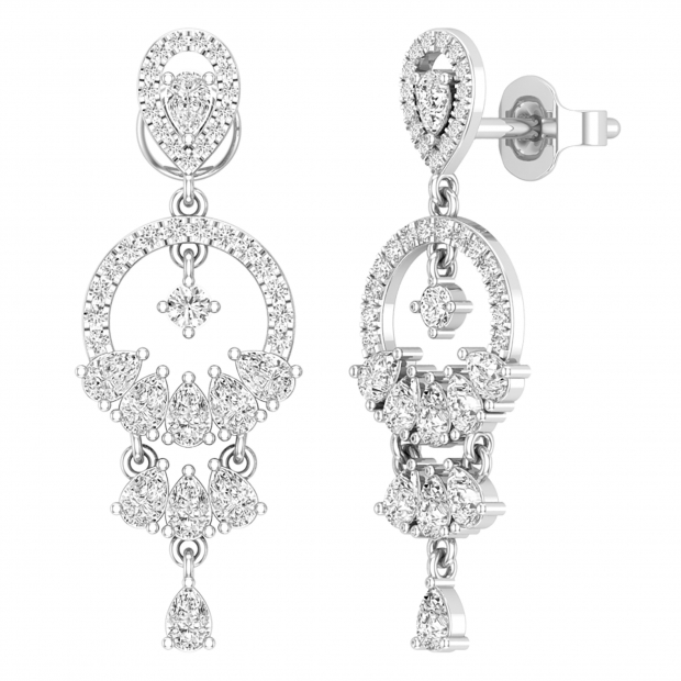 1.31 cttw Pear & Round White Diamond Chandelier Dangling Earrings for Her in 925 Sterling Silver in Push Back