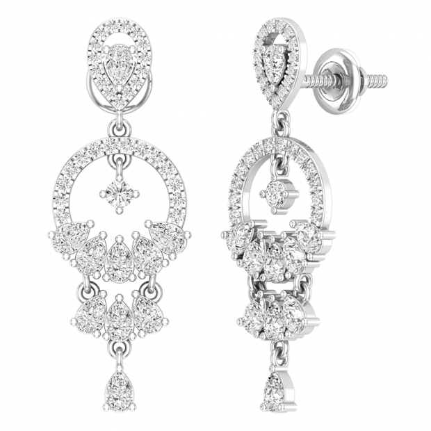 1.31 cttw Pear & Round White Diamond Chandelier Dangling Earrings for Her in 925 Sterling Silver in Screw Back