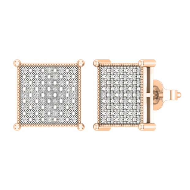 Round White Diamond Square Filigree Groove Sides Pushback Cushion Stud Earrings (0.20 Ctw, Color I-J, Clarity I1-I2) in 18K Rose Gold