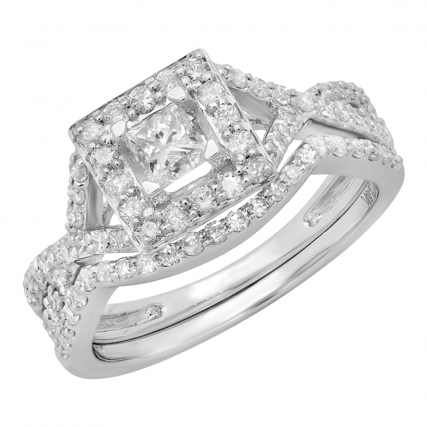 1.00 Carat (ctw) 14k White Gold Princess & Round Diamond Twist Ladies Bridal Halo Set Engagement Ring Set