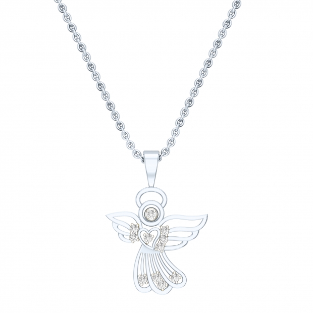 White Diamond Angel Heart Pendant with 18 inch Gold Chain for Women (0.11 ctw, Color I-J, Clarity I2-I3) in 10K White Gold