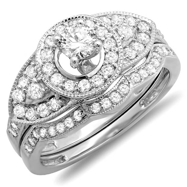 1.00 Carat (ctw) 10k White Gold Round Diamond Ladies Vintage Look Bridal Wedding Ring Set with Matching Band