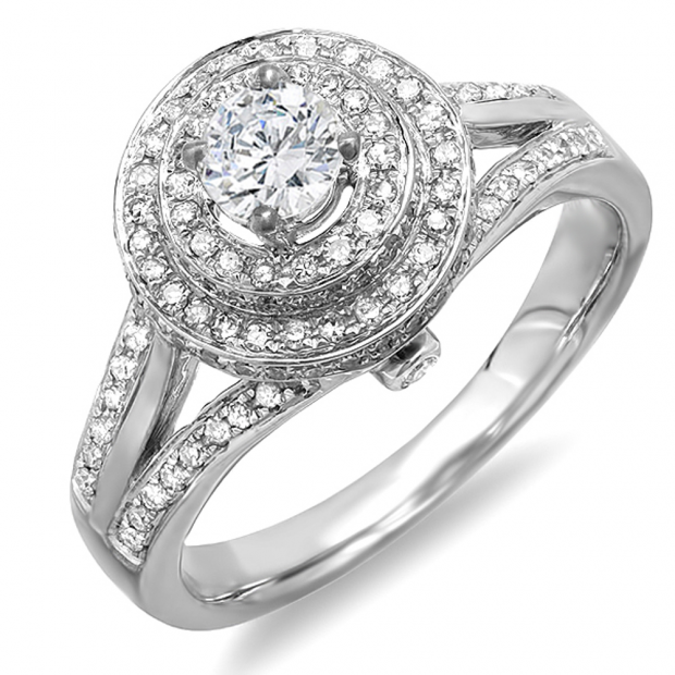 1.25 Carat (ctw) 18k White Gold Round Diamond Ladies Halo Style Split Shank Vintage Bridal Engagement Ring