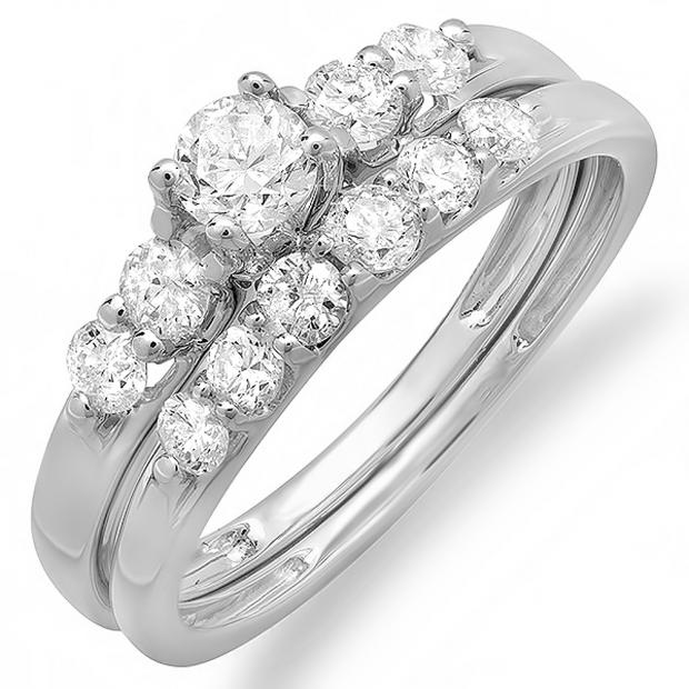 1.00 Carat (ctw) 14k White Gold Round Diamond Ladies Bridal 5 Stone Engagement Ring Matching Band Wedding Set