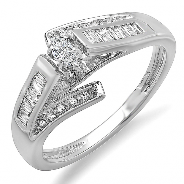 0.33 Carat (ctw) 14k White Gold Marquise Baguette & Round Diamond Ladies Engagement Bridal Ring 1/3 CT