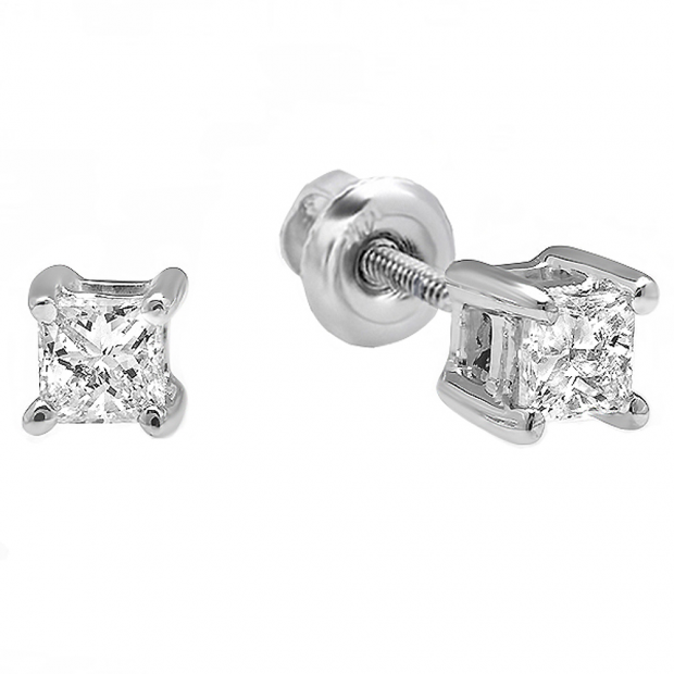 0.20 Carat (ctw) 10k White Gold Princess Diamond Square Shape Ladies Solitaire Stud Earrings 1/5 CT