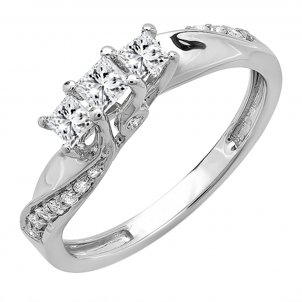 0.50 Carat (ctw) 10k White Gold Princess and Round Diamond Ladies 3 Stone Swirl Engagement Bridal Ring 1/2 CT