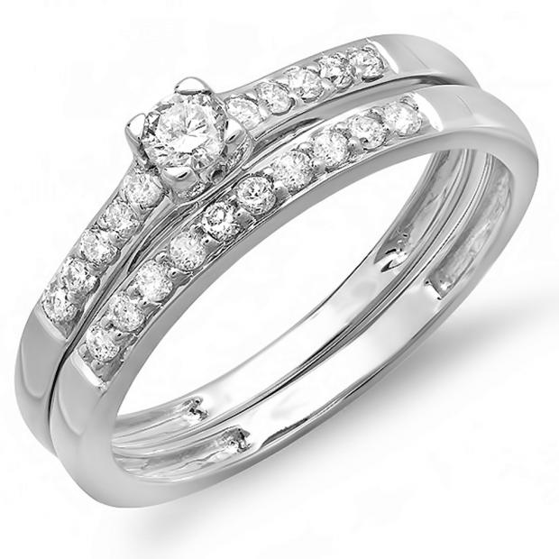 0.40 Carat (ctw) 14k White Gold Round Diamond Ladies Bridal Engagement Ring Matching Band Wedding Set