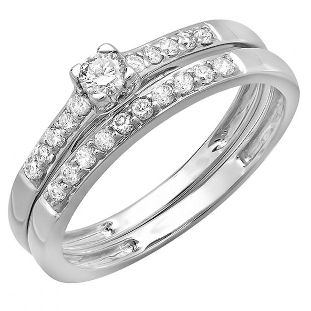0.40 Carat (ctw) 10k White Gold Round Diamond Ladies Bridal Engagement Ring Matching Band Wedding Set