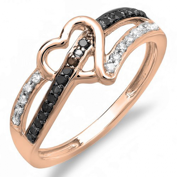 0.20 Carat (ctw) 10K Rose Gold Round Black and White Diamond Ladies Promise Heart Love Engagement Ring 1/5 CT