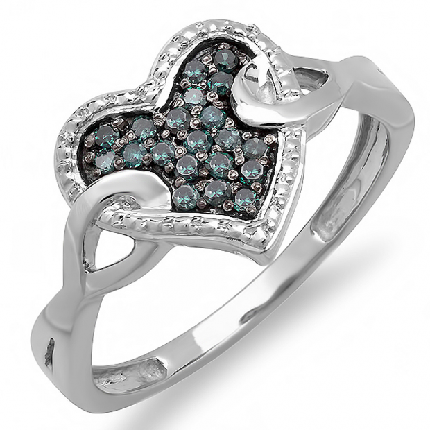 0.20 Carat (ctw) Sterling Silver Round Blue Diamond Ladies Promise Heart Love Engagement Ring 1/5 CT
