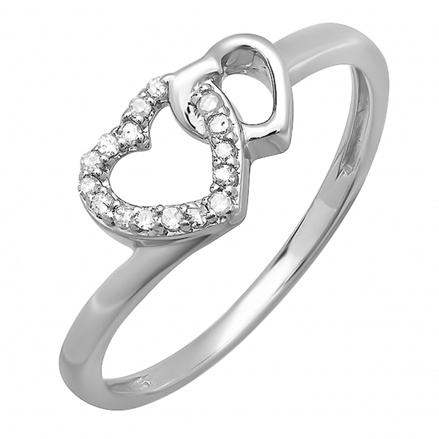 0.10 Carat (ctw) Sterling Silver Round White Diamond Ladies Promise Double Heart Love Engagement Ring