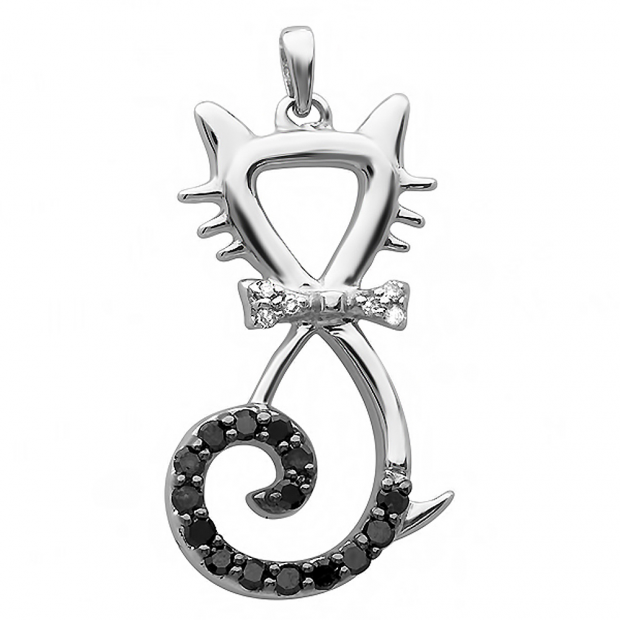 0.25 Carat (ctw) Sterling Silver Round Black & White Diamond Cat Pendant