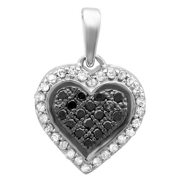 0.15 Carat (ctw) Sterling Silver Round Black and White Diamond Ladies Heart Pendant
