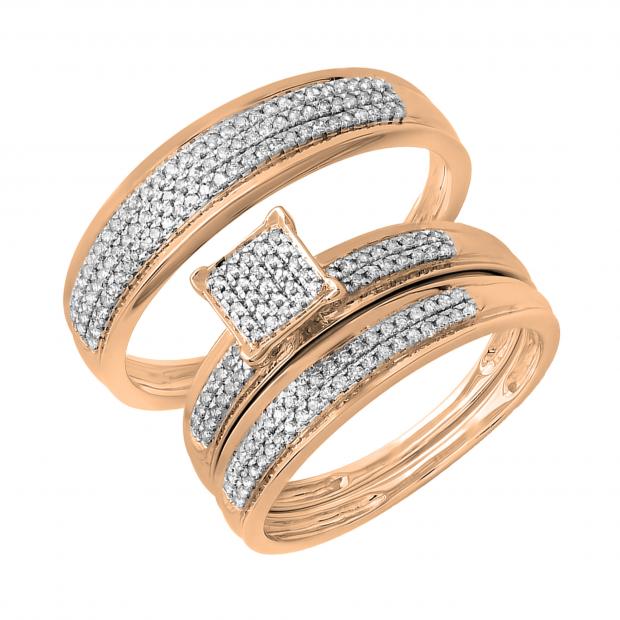 Round Diamond Unisex Engagement Ring Wedding Band Trio Set for Women (0.50 ctw Color I-J Clarity I1-I2) in 14K Rose Gold