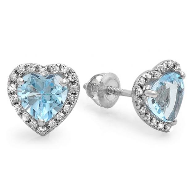 2.25 Carat (ctw) 14K White Gold Heart Shape Blue Topaz & Round Cut Diamond Ladies Halo Stud Earrings