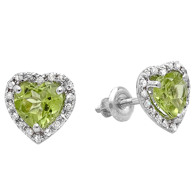 1.65 Carat (ctw) 14k White Gold Heart Cut Green Peridot & Round Diamond Ladies Halo Stud Earrings