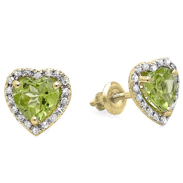 1.65 Carat (ctw) 14K Yellow Gold Heart Cut Green Peridot & Round Diamond Ladies Halo Stud Earrings