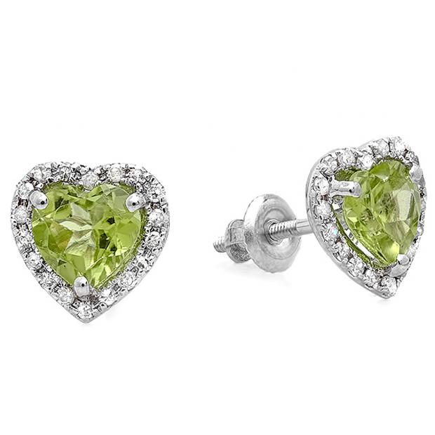 1.65 Carat (ctw) 10k White Gold Heart Cut Green Peridot & Round Diamond Ladies Halo Stud Earrings