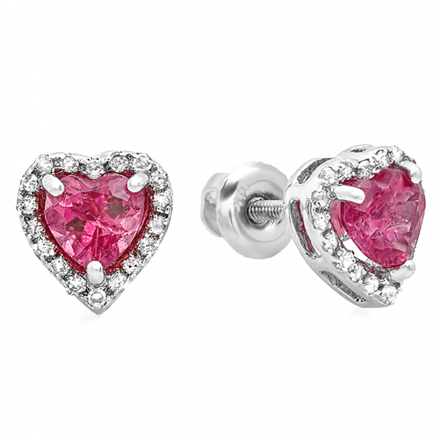0.75 Carat (ctw) 10K White Gold Heart Shape Pink Tourmaline & Round Diamonds Ladies Halo Stud Earrings
