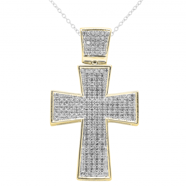 Round White Diamond Micro Pave Mens Hip Hop Religious Cross Pendant (0.50 ctw., Color I-J, Clarity I2-I3) | 18K Yellow Gold Plated Sterling Silver
