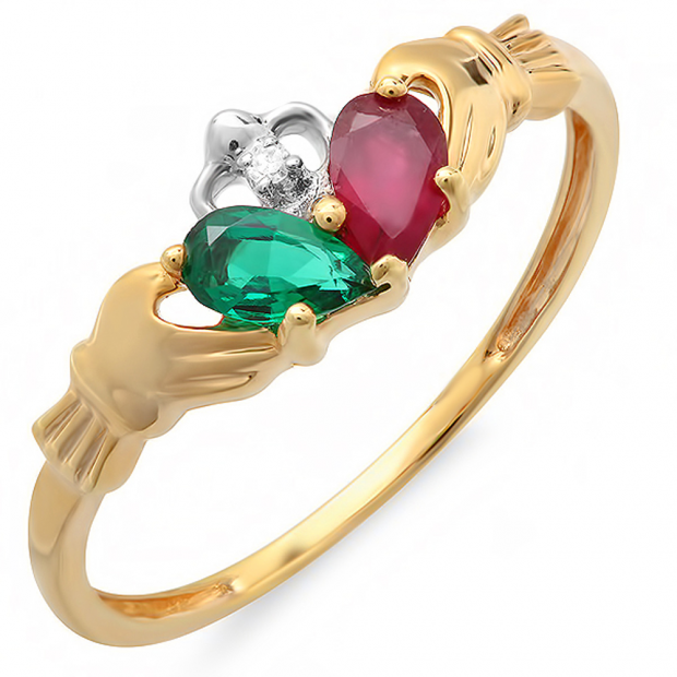 0.60 Carat (ctw) 10k Yellow Gold Round Diamond and Green Emerald & Ruby Ladies Bridal Promise Irish Love and Friendship Band Claddagh Pear Shape Ring
