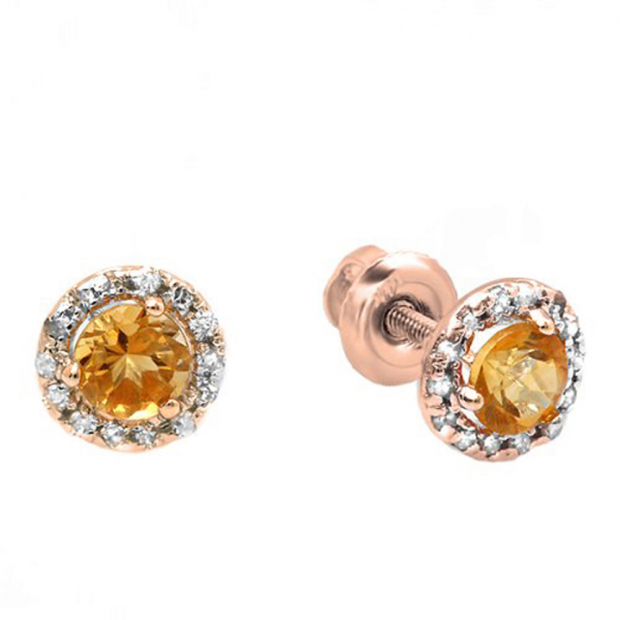 0.35 Carat (ctw) 10k Rose Gold Round Deep Yellow Citrine & Diamond Halo Stud Earrings