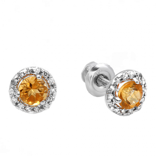 0.35 Carat (ctw) 10k White Gold Round Deep Yellow Citrine & Diamond Halo Stud Earrings