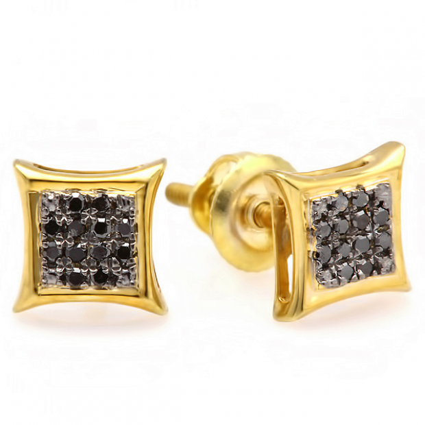 0.10 Carat (ctw) 14K Yellow Gold Black Round Diamond Micro Pave Setting Kite Shape Stud Earrings 1/10 CT