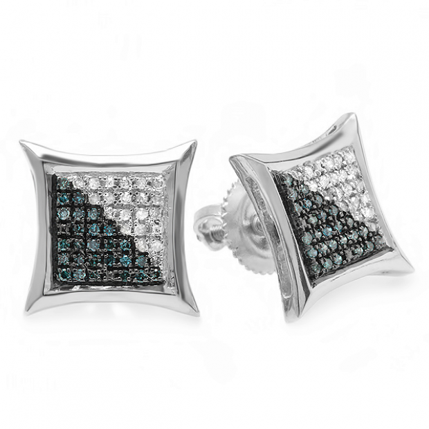 0.20 Carat (ctw) Sterling Silver White & Blue Round Diamond Micro Pave Setting Kite Shape Stud Earrings