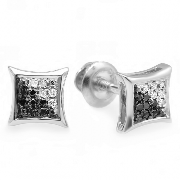 0.10 Carat (ctw) 14K White Gold White & Black Round Diamond Micro Pave Setting Kite Shape Stud Earrings 1/10 CT