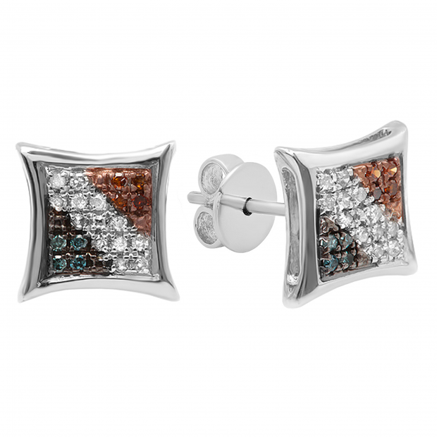 0.10 Carat (ctw) Round Blue White & Red Diamond Kite Shape Stud Earrings 1/10 CT 18K White Gold