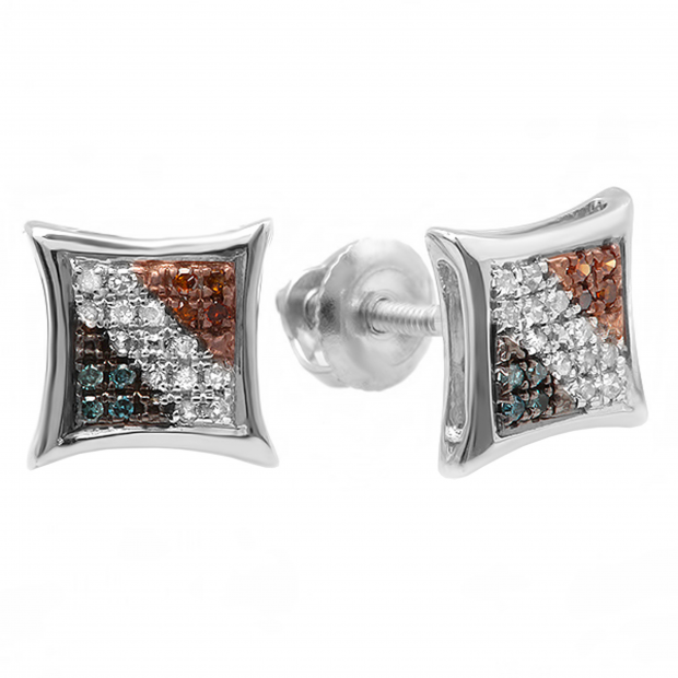 0.10 Carat (ctw) Round Blue White & Red Diamond Kite Shape Stud Earrings 1/10 CT 18K White Gold