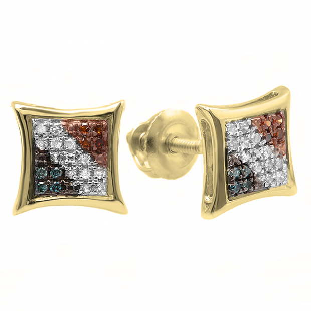 0.10 Carat (ctw) Round Blue White & Red Diamond Kite Shape Stud Earrings 1/10 CT 18K Yellow Gold