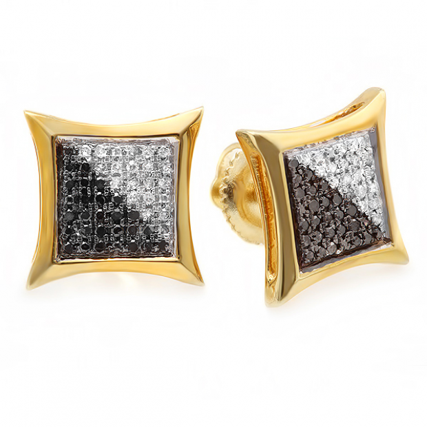0.25 Carat (ctw) 10K Yellow Gold White & Black Round Diamond Micro Pave Setting Kite Shape Stud Earrings 1/4 CT