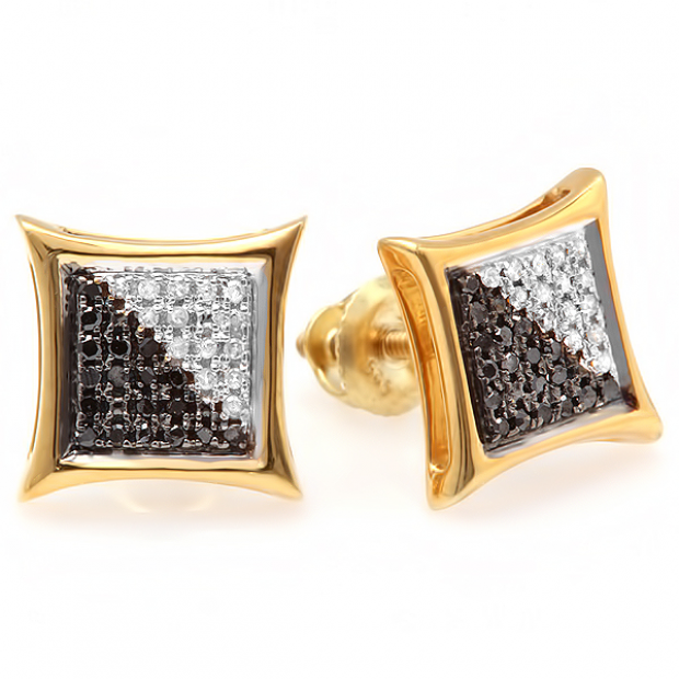 0.15 Carat (ctw) 18K Yellow Gold Plated Sterling Silver White & Black Round Diamond Micro Pave Setting Kite Shape Stud Earrings