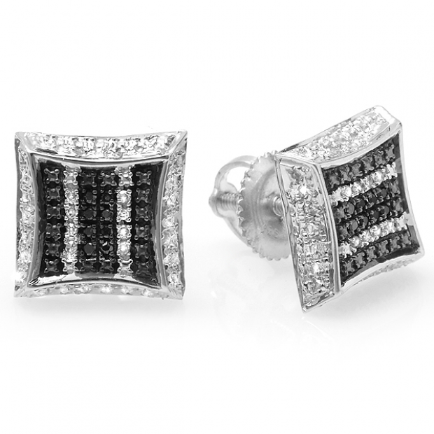0.10 Carat (ctw) Sterling Silver White & Black Round Diamond Micro Pave Setting Kite Shape Stud Earrings
