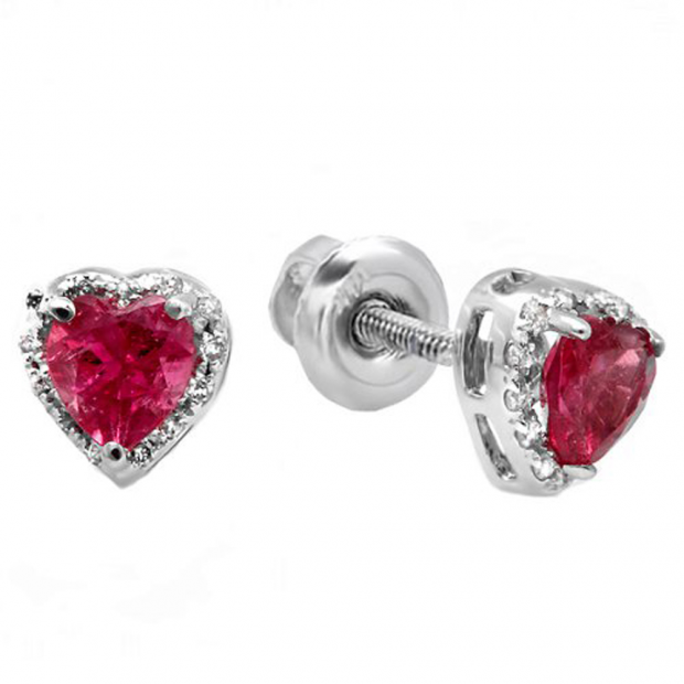 0.60 Carat (ctw) 10K White Gold Heart Shape Deep Pink Tourmaline & Round Diamond Halo Stud Earrings