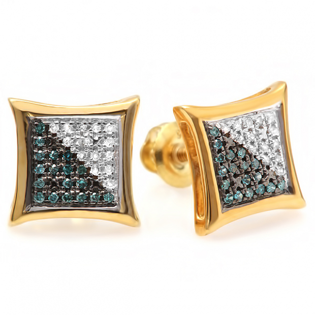 0.15 Carat (ctw) 18K Yellow Gold Plated Sterling Silver White & Blue Round Diamond Micro Pave Setting Kite Shape Stud Earrings