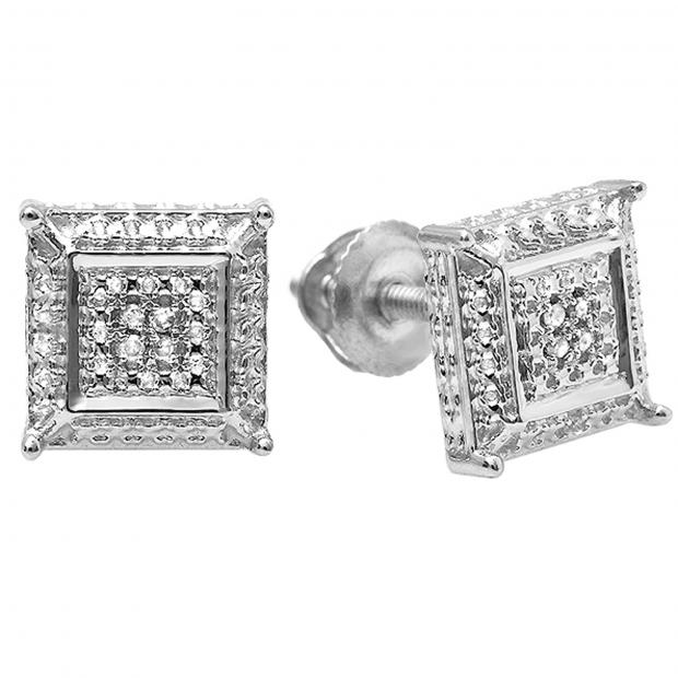 0.05 Carat (ctw) Round White Diamond Micro Pave Setting Square Shape Stud Earrings 14K White Gold
