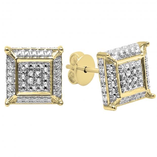 0.05 Carat (ctw) Round White Diamond Micro Pave Setting Square Shape Stud Earrings 14K Yellow Gold