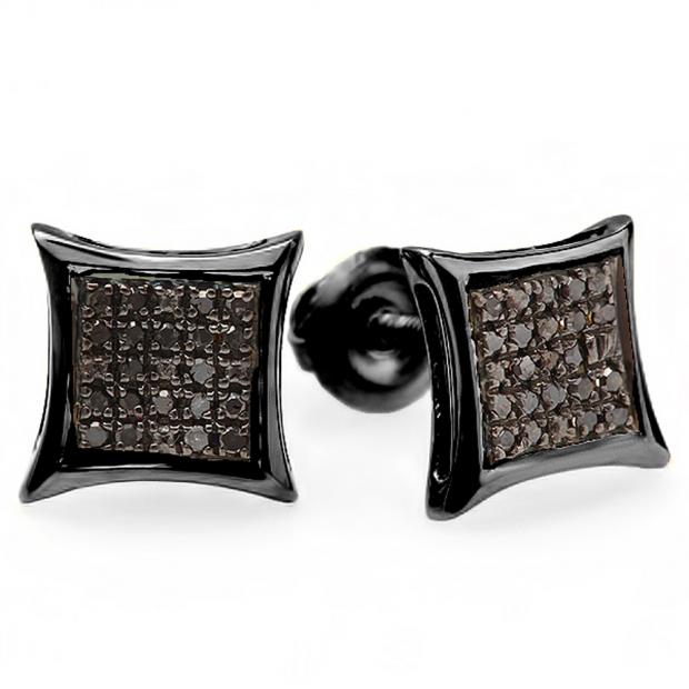 0.10 Carat (ctw) 18K Black Rhodium Plated Sterling Silver Black Round Diamond Micro Pave Setting Kite Shape Stud Earrings
