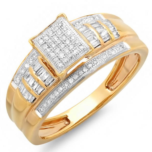 0.33 Carat (ctw) 10K Yellow Gold Round & Baguette Cut Ladies Diamond Bridal Ring