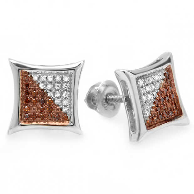 0.15 Carat (ctw) Sterling Silver White & Red Round Diamond Micro Pave Setting Kite Shape Stud Earrings