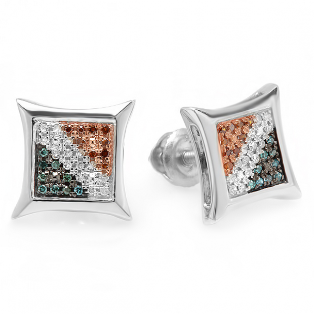 0.15 Carat (ctw) Sterling Silver Blue White & Red Round Diamond Micro Pave Setting Kite Shape Stud Earrings